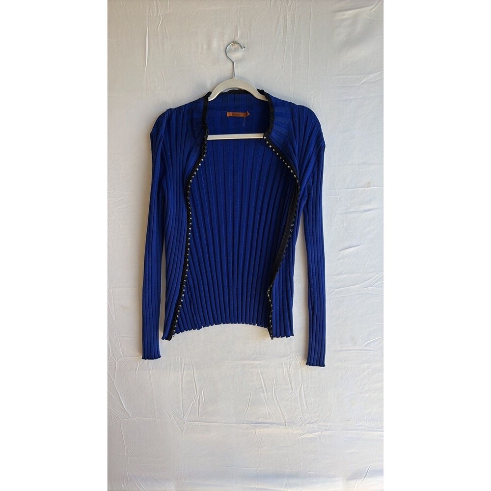 Belldini Cobalt Blue Ribbed Rhinestone Trim Zip-Front Cardigan